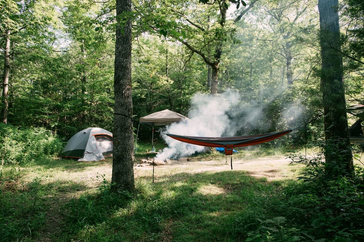 Camping scene with tent and campfire in the woods