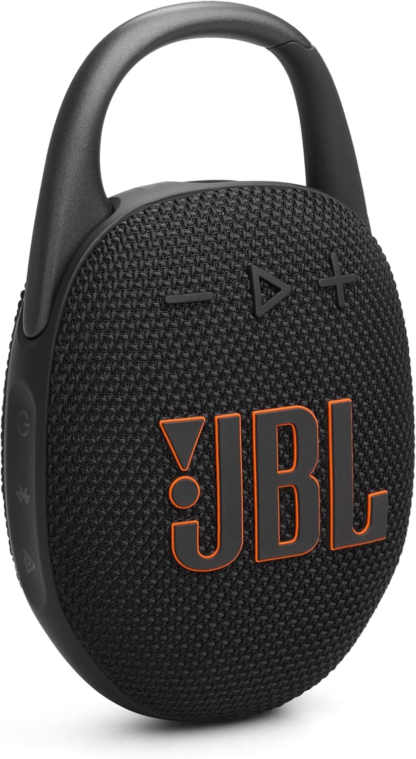 JBL Clip 5 portable Bluetooth speaker in black with integrated carabiner