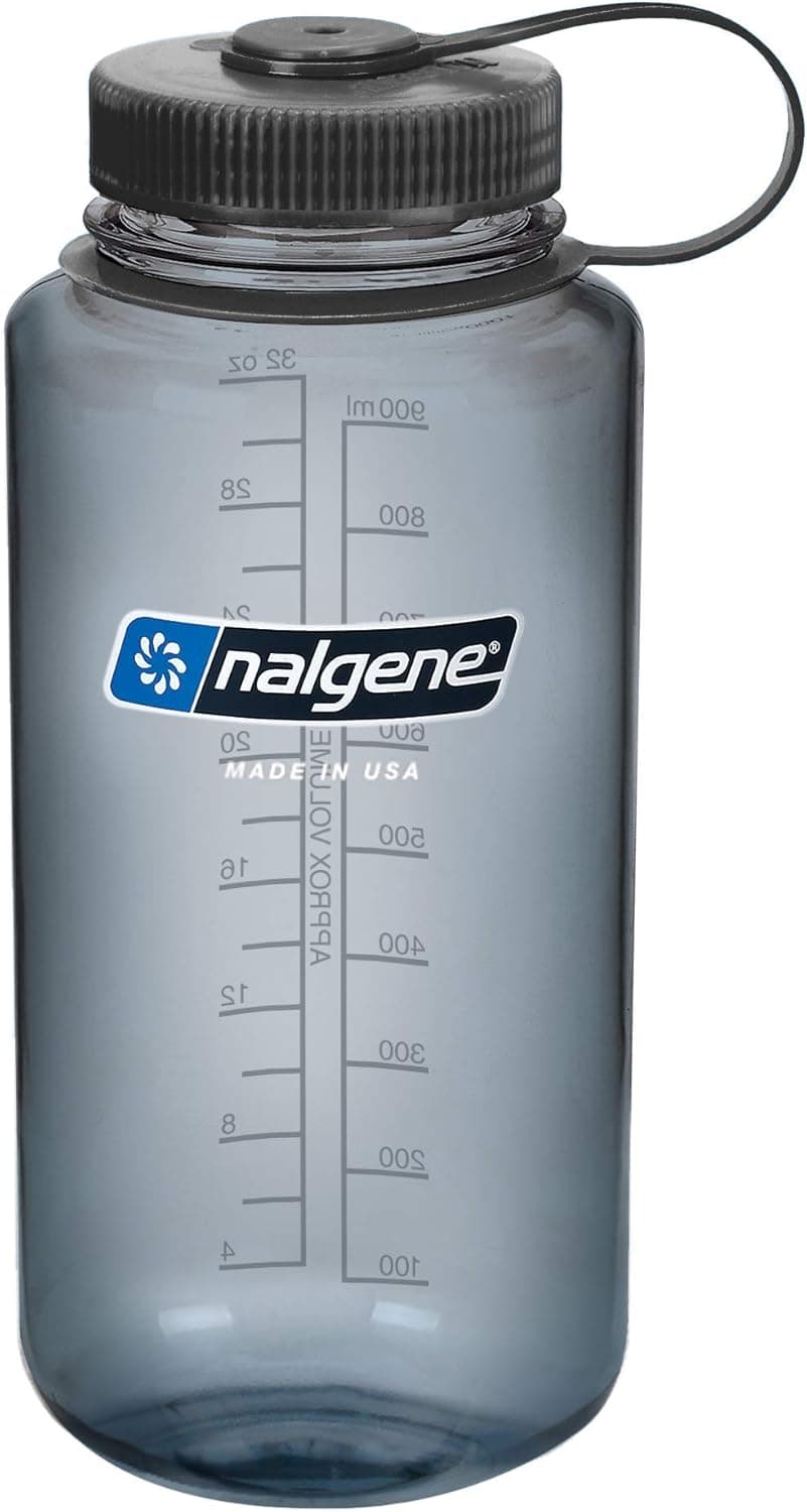 Nalgene Wide-Mouth 32oz water bottle in gray with black lid