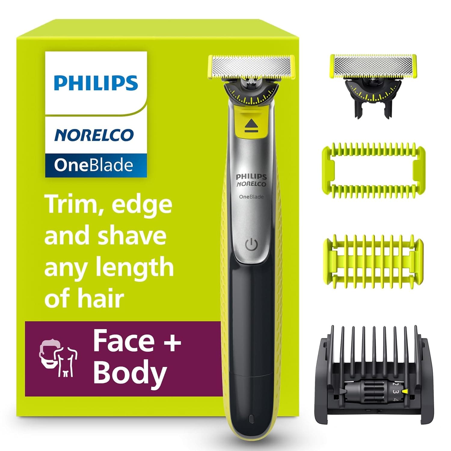 Philips Norelco OneBlade 360 Face + Body hybrid trimmer in black and lime green